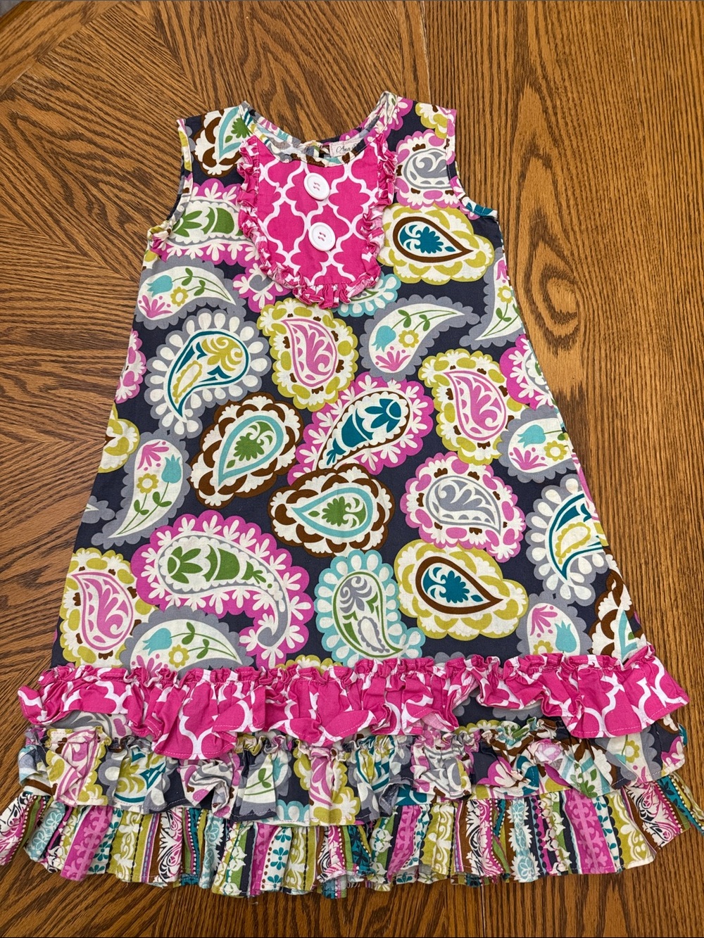 Ana & Abel Girls Pink & Multi Paisley Sleeveless Ruffle Dress Sz 6